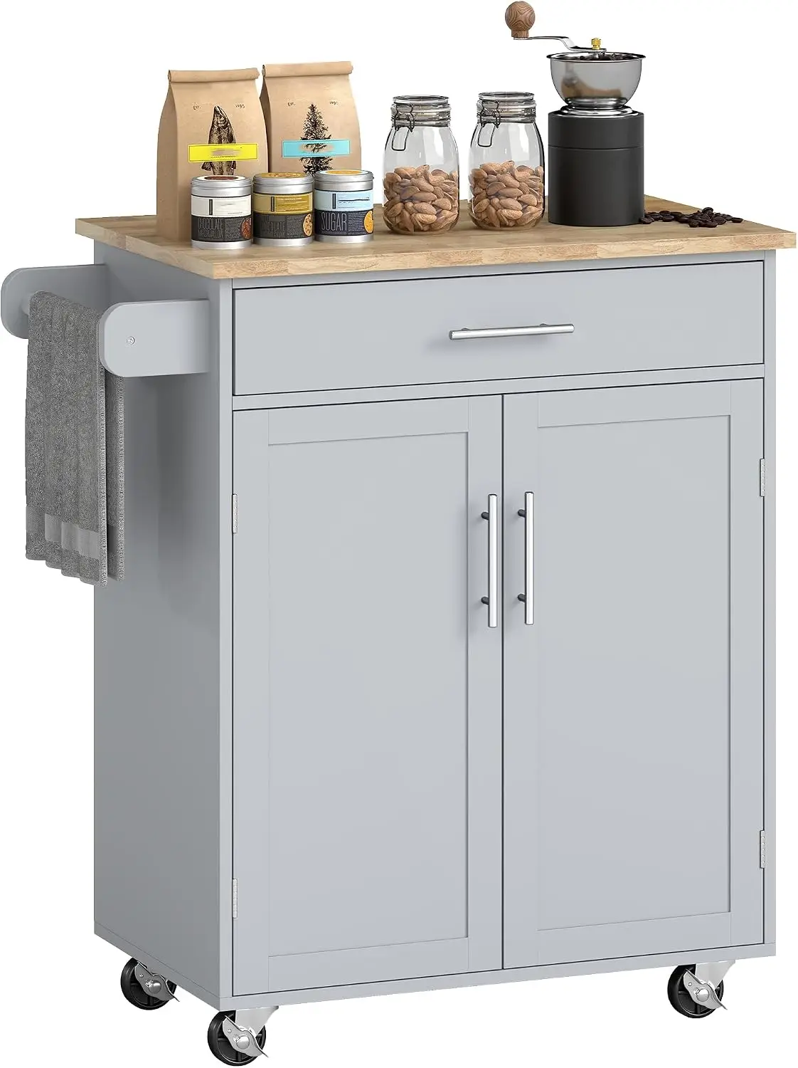Kitchen Island Cart Rolling Island Table Solid Wood Top Drawer Gray | Trolley Cart, Storage Cabinet, Towel Rack