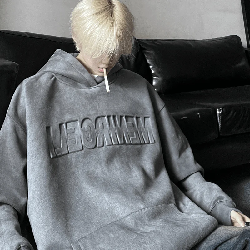 American retro steel stamped letter suede sweatshirt men spring and autumn oversize national fashion high street couple hooded