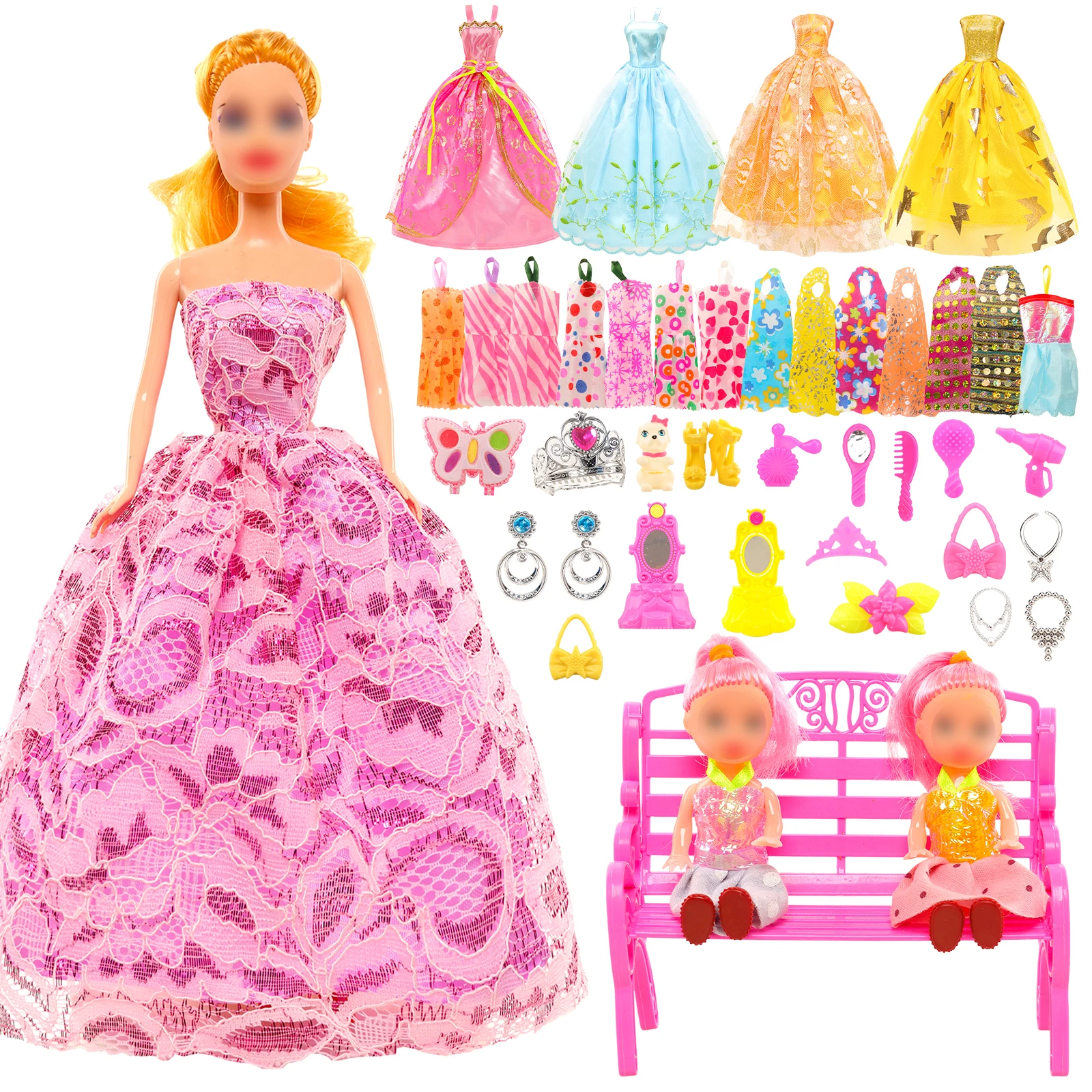 Barwa Girl Doll 37 Set (with Doll) 14 Suspender Skirts+1 Doll+1 Little Doll+1 Suitcase+21 Fixed Accessories Gift for Kids 3-8