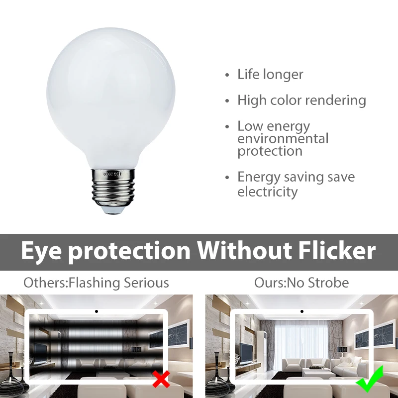 Lâmpada LED Edison de vidro leitoso, bola de globo, lâmpada branca fria e quente, E27, 5W, A60, G80, G95, 110V, 220V