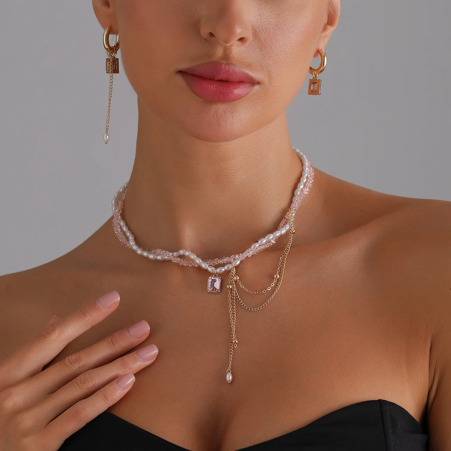 

Double Layer Imitation Pearl Pink Crystal Beads Wrapped Necklace Square Gemstone Tassel Necklace Earring Jewelry Sets for Women