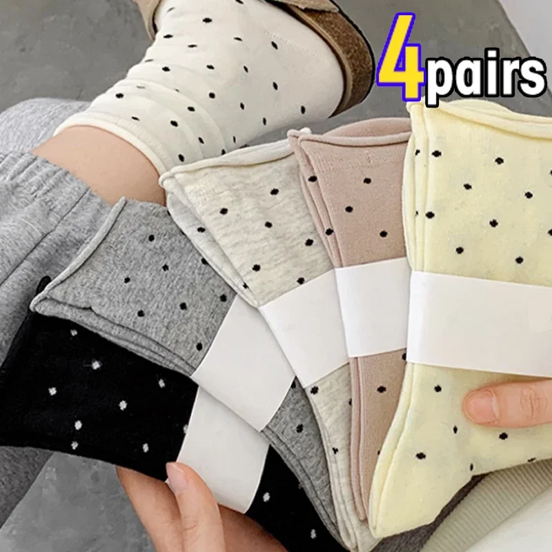 Ins Cream Style Korean Socks Simple Dot Ins Cotton Middle Tube Ankle Short Breathable Solid Socks Girls Cute Spring Summer Socks