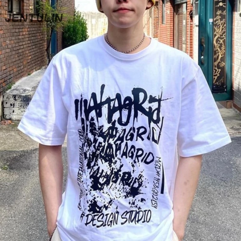 Fashion Korean Harajuku Men Tshirt Short Sleeve Unisex Aesthetic Acubi Clothing Print Tops Tees Cotton T Shirt Y2K Summer Casual