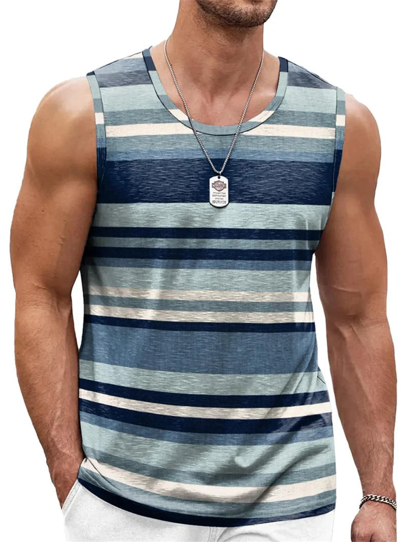 Mens Vintage Stripe 3D Printed Tank Tops Fashion Summer Sleeveless Casual Sports Vest Loose Quick Dry Breathable Tees Clothes image 2