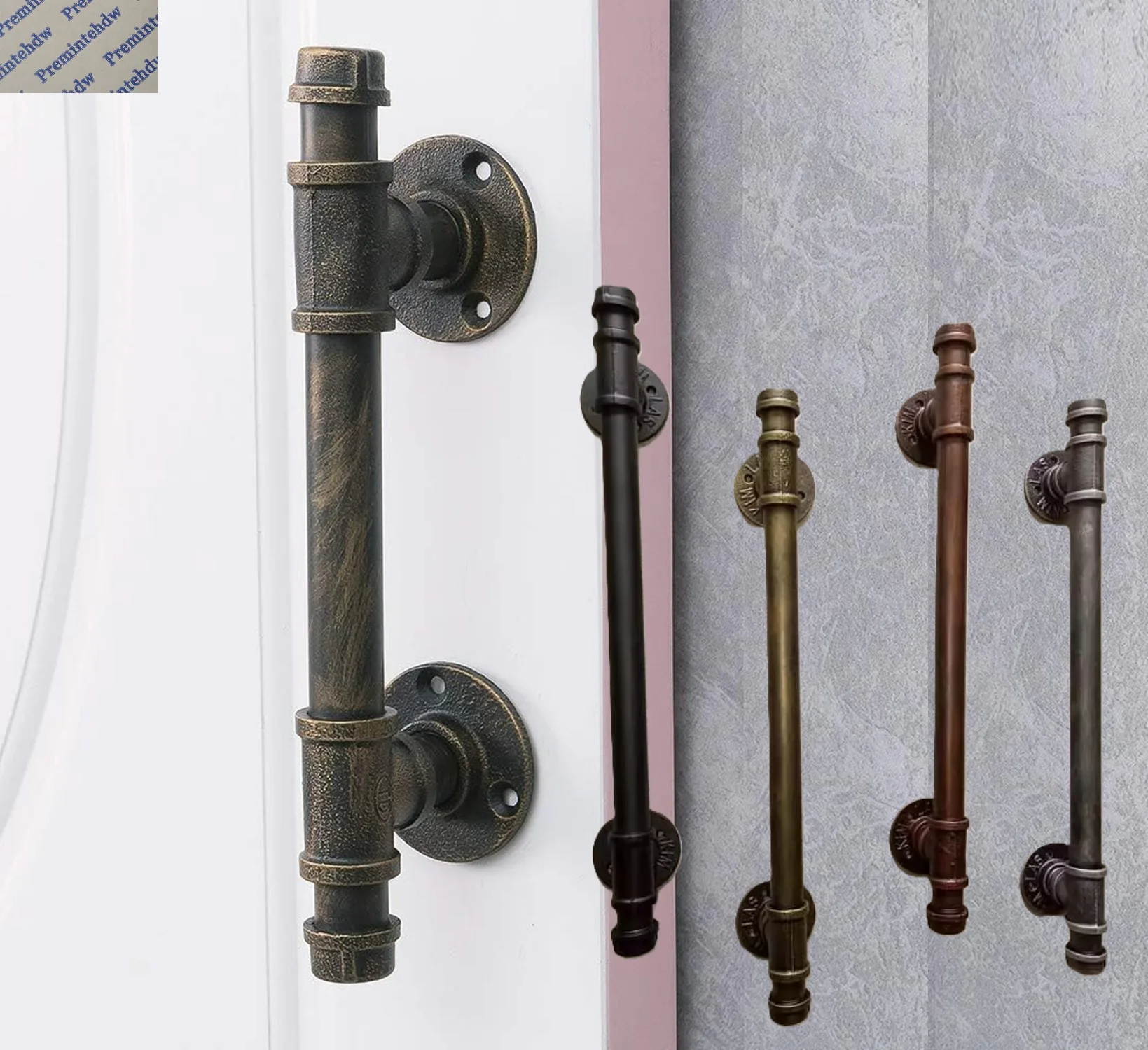

1Pc Rustic Iron Pipe Door Bar Pull Handle With Cap Finials Towel Rack Wall Grab Bronze Black Silver