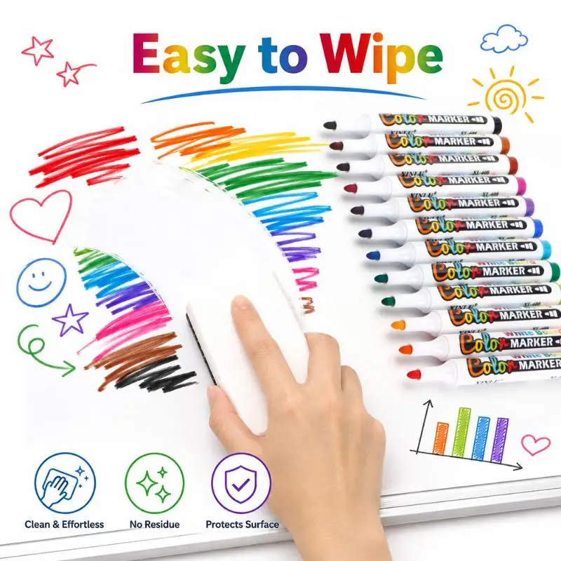 @*12 Pack Assorted Colors Dry Erase Whiteboard Markers Low Odor Non Toxic Smooth Wipe for Business Meeting Use