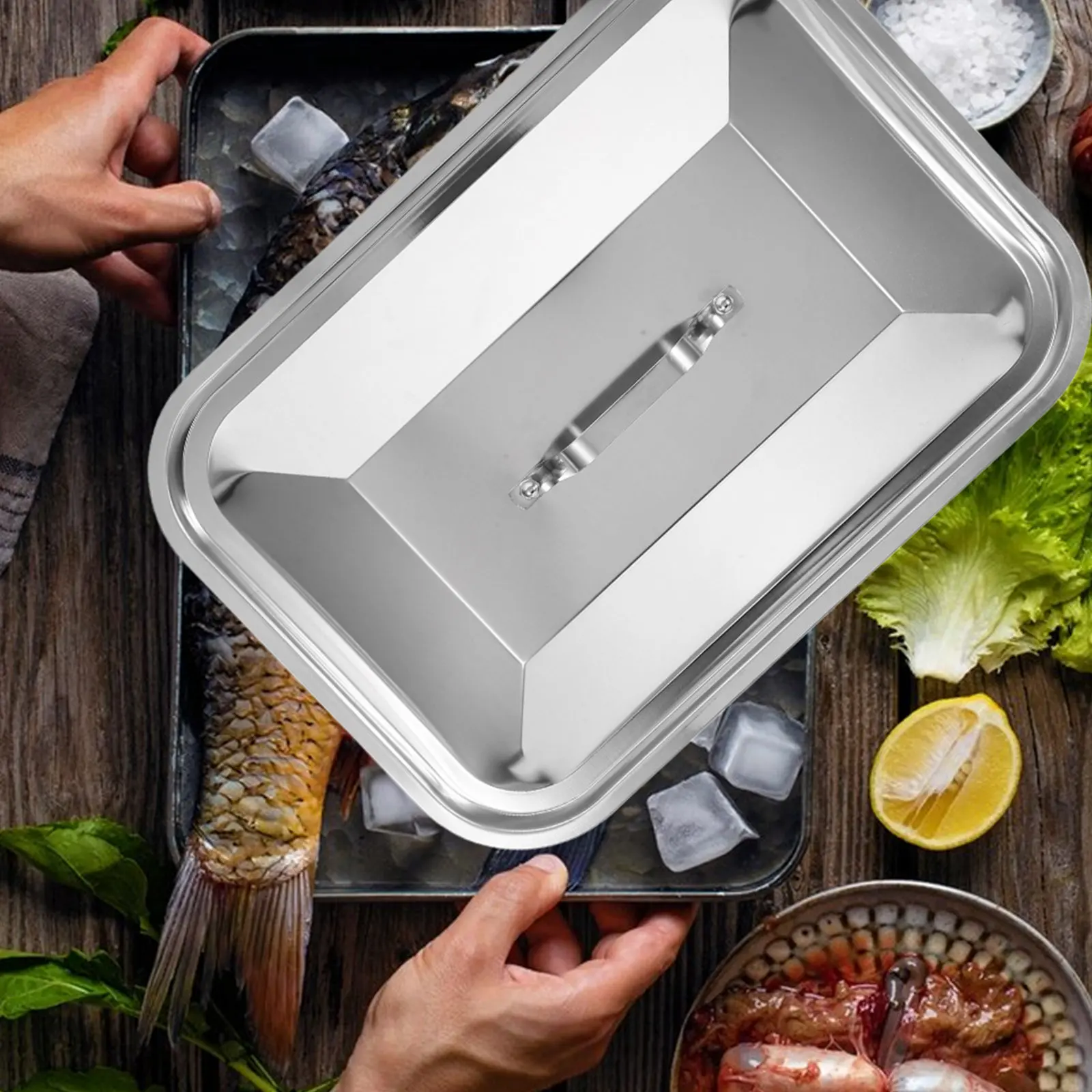 Stainless Steel Rectangular Fish Baking Pan Lid with Handle Dishwasher Safe Oil Splash Prevention for Home Picnics Bbq Buffet