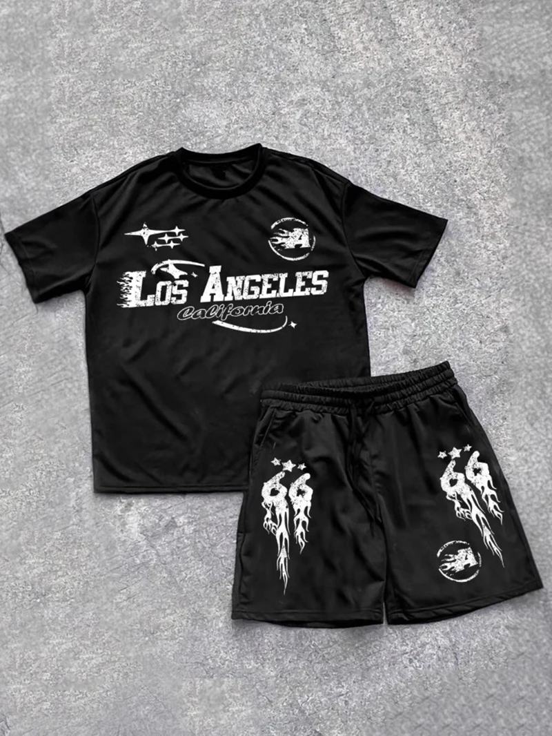 

Men's Summer Short Sleeve and Shorts Set with Eye - catching Stylish Fashionable Flame Pattern Prints and Adjustable Drawstrings