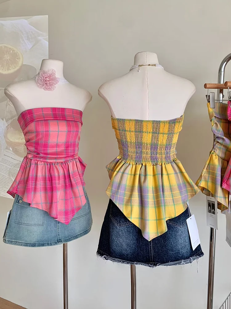 Summer Women Korean Fashion Sweet Plaid Tube Top Design Kpop Vintage Gyaru Coquette 2000s Aesthetic Cute Core Kawaii Mori Girl