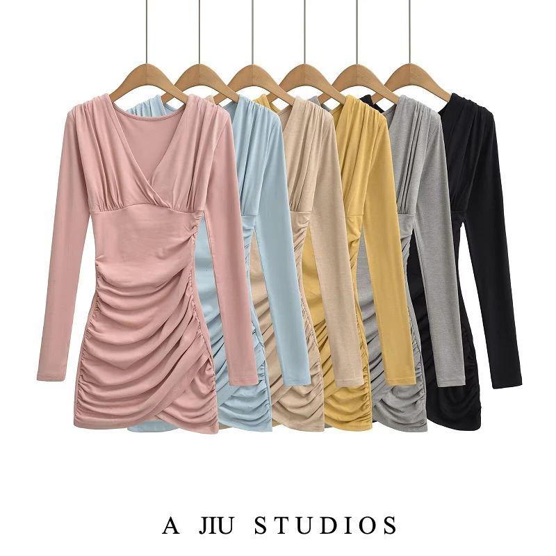 

Sexy Long Sve Wrap Dr Women's Deep V Ne Pleated Slimming ort Skirt Casual Wear Autumn Winter Faion Chinese Sle