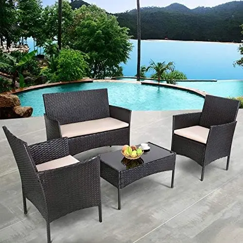 4 Pieces Rattan Patio Furniture Set, Outdoor Indoor Use (Black Beige)