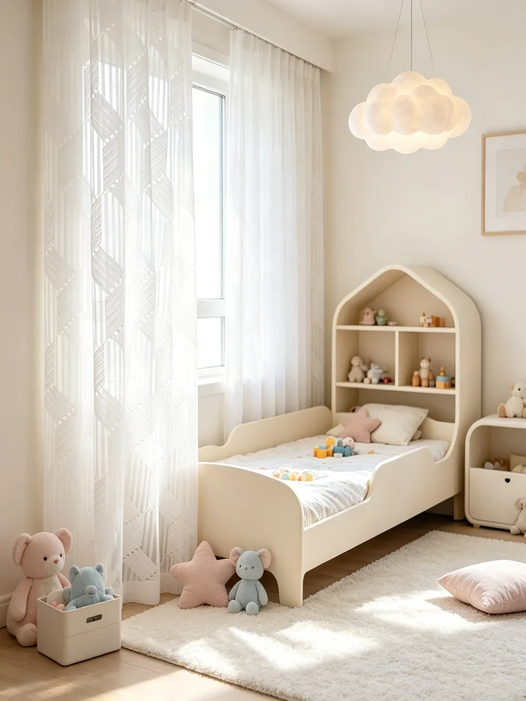 Modern Geometric White Warp Knitted Tulle Sheer Curtains Custom Size Cute Window Drapes for Kids Bedroom Balcony Study Room yarn
