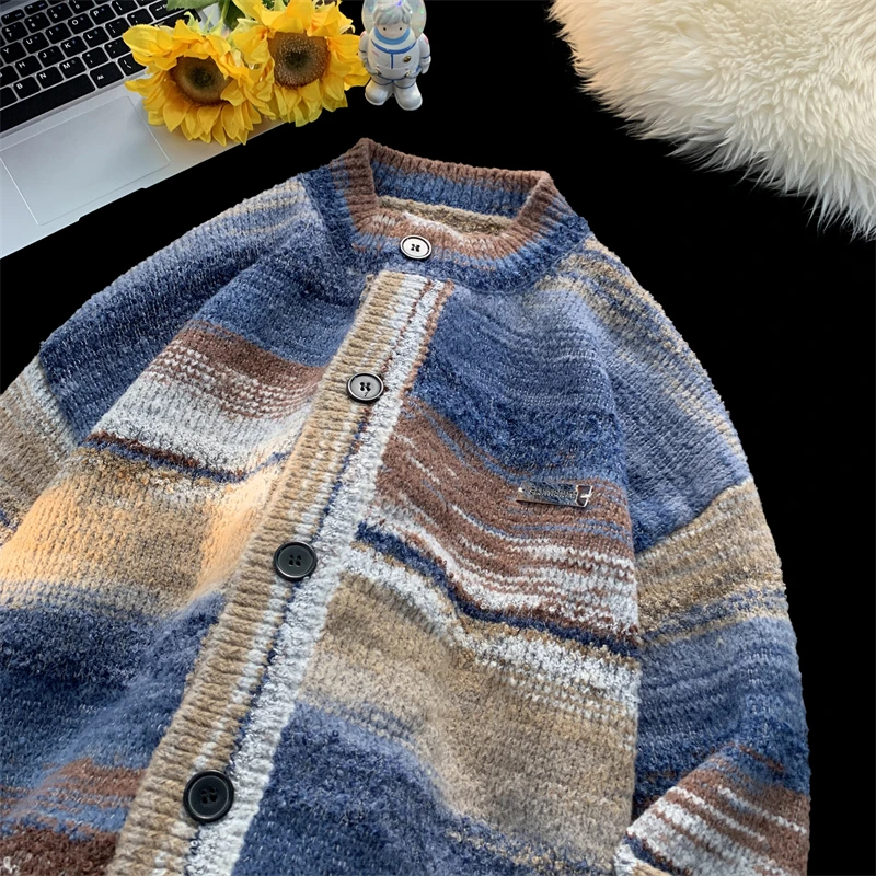 2024 Street Tie Dye Cashmere Sweater Cardigan Men\'s Trendy Contrast Single-Breasted Sweater Jumper Harajuku Cashmere Knitwear