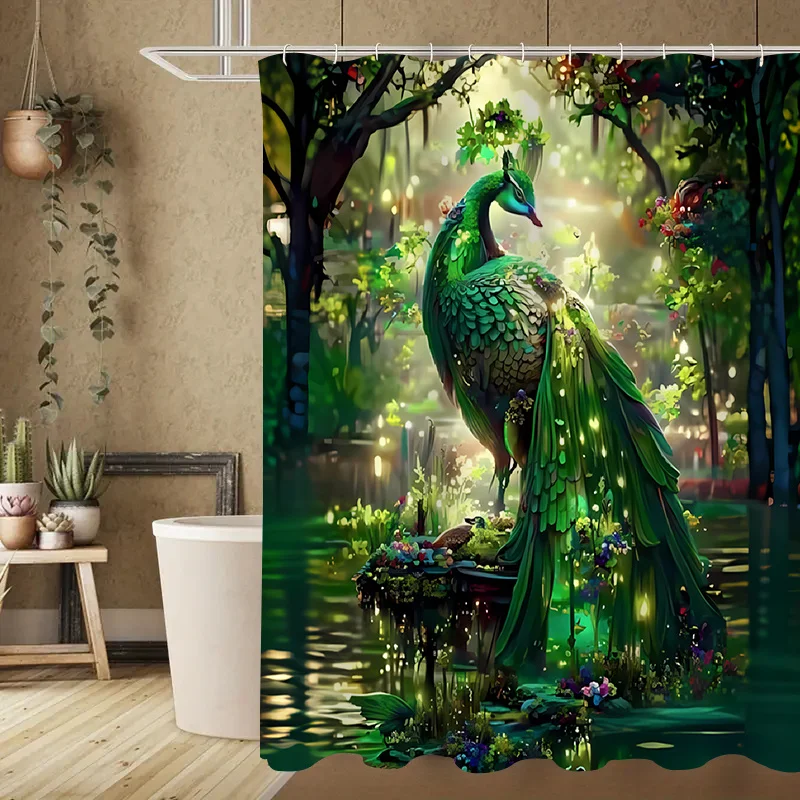 4pcs Forest Green Peacock Pattern, Shower Curtain Set, Shower Curtain with 12 Hooks, Bathroom Mat, Toilet U-Shaped Mat, Toil