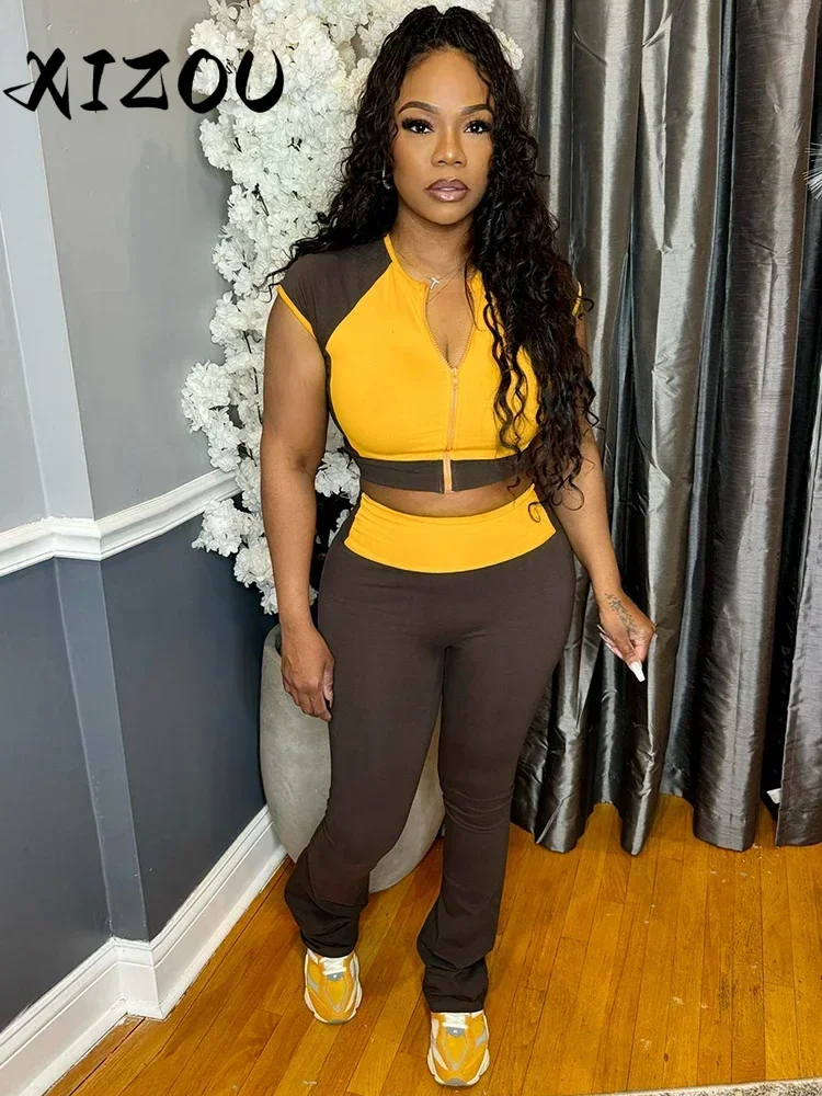 

XIZOU Casual Sporty 2 Piece Set Tracksuit Women Patchwork Shorts Sleeve Crop Tops+Leggings Matching Street Stretch Outfits