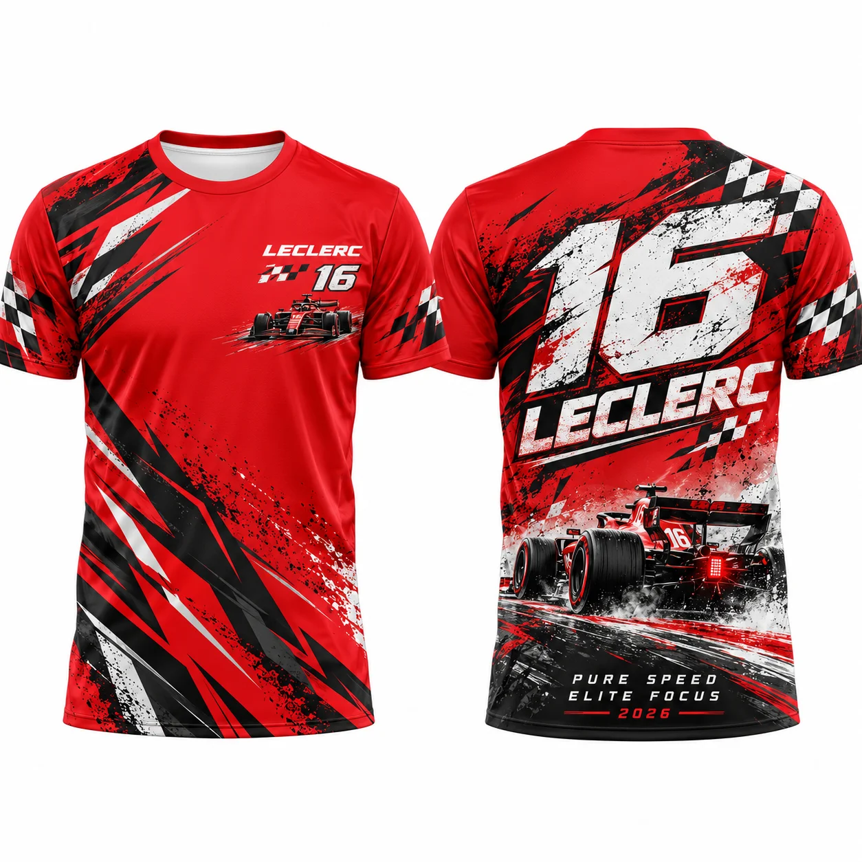 Men Racing No.16 Leclerc Checkered Flag Graphic T-Shirt Motorsport Quick Dry Racing Streetwear Tops Children's Clothing ﻿