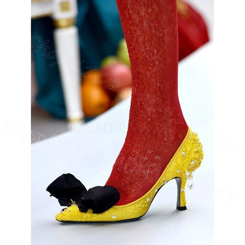 

Yellow Sequins Pointed Toe Black Bow Knot Pumps Slip On Women Shoes Thin High Heels Party Feast Runway 2025 Zapatos Para Mujere