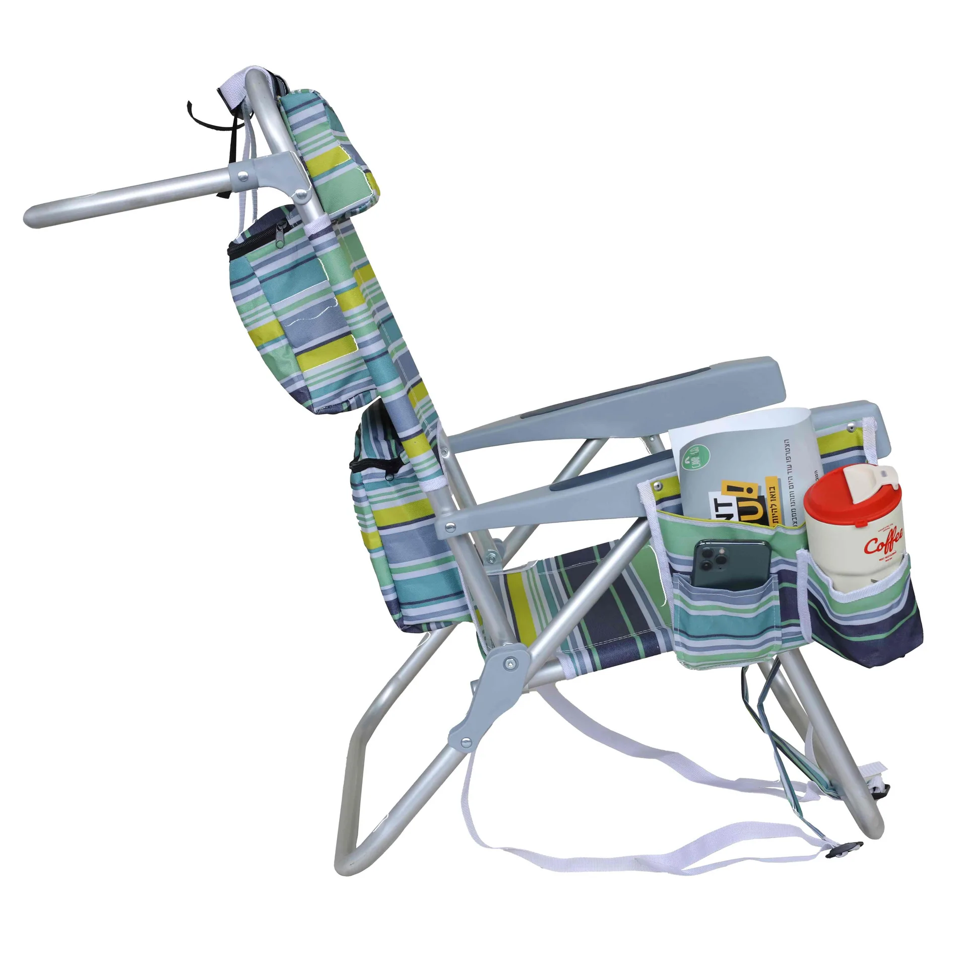 Outdoor Folding Chair: Dual-Purpose Seating and Lying, with Backrest and Cooler; 5-Position Adjustable Backrest Beach Lounger