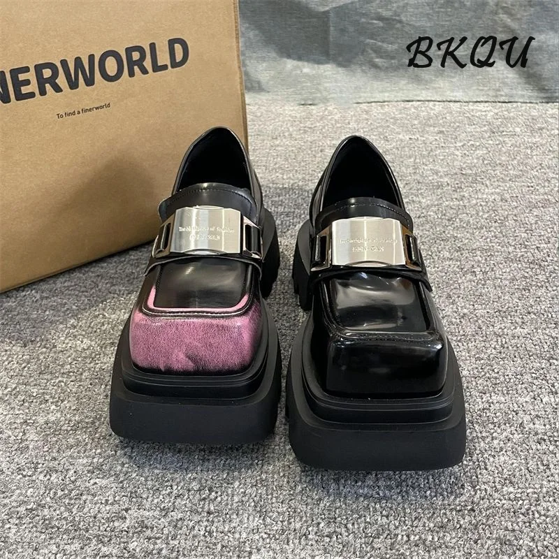 

BKQU Thick Soled Mary Jane British Style Small Leather Shoes Women 2024 New Square Head Slip-on Small Loafers 5.5CM Color Design