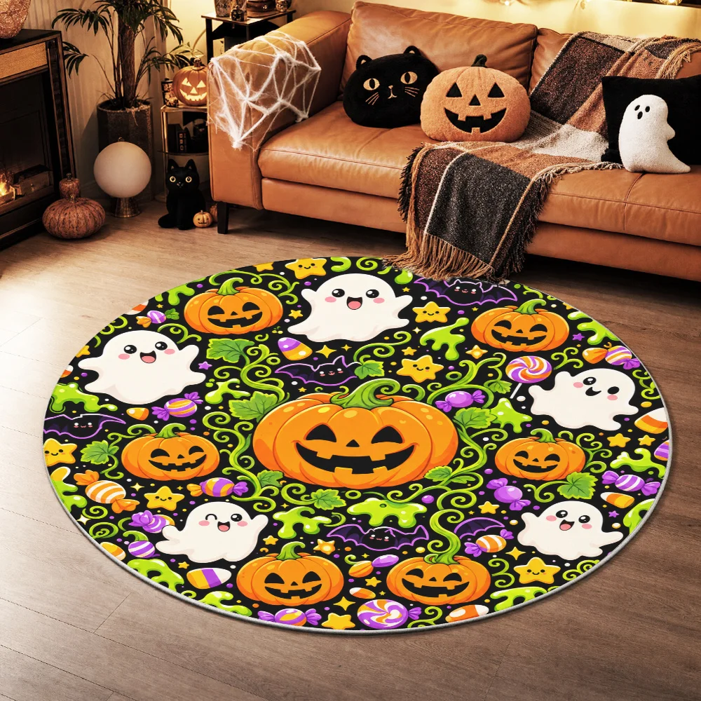 VIKAMA Kids Halloween Circular Floor Mat Colorful Cartoon Pumpkin Ghost Candy Bat Pattern Non Slip Rug Holiday Party Decor Mat