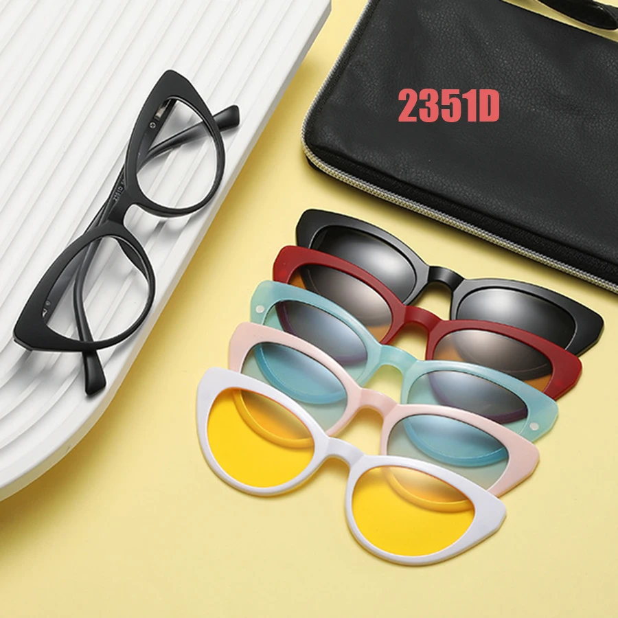 6 In 1 Spectacle Frame Women With 5 PCS Clip On Polarized Sunglasses Magnetic Glasses Female Computer Optical 2351D