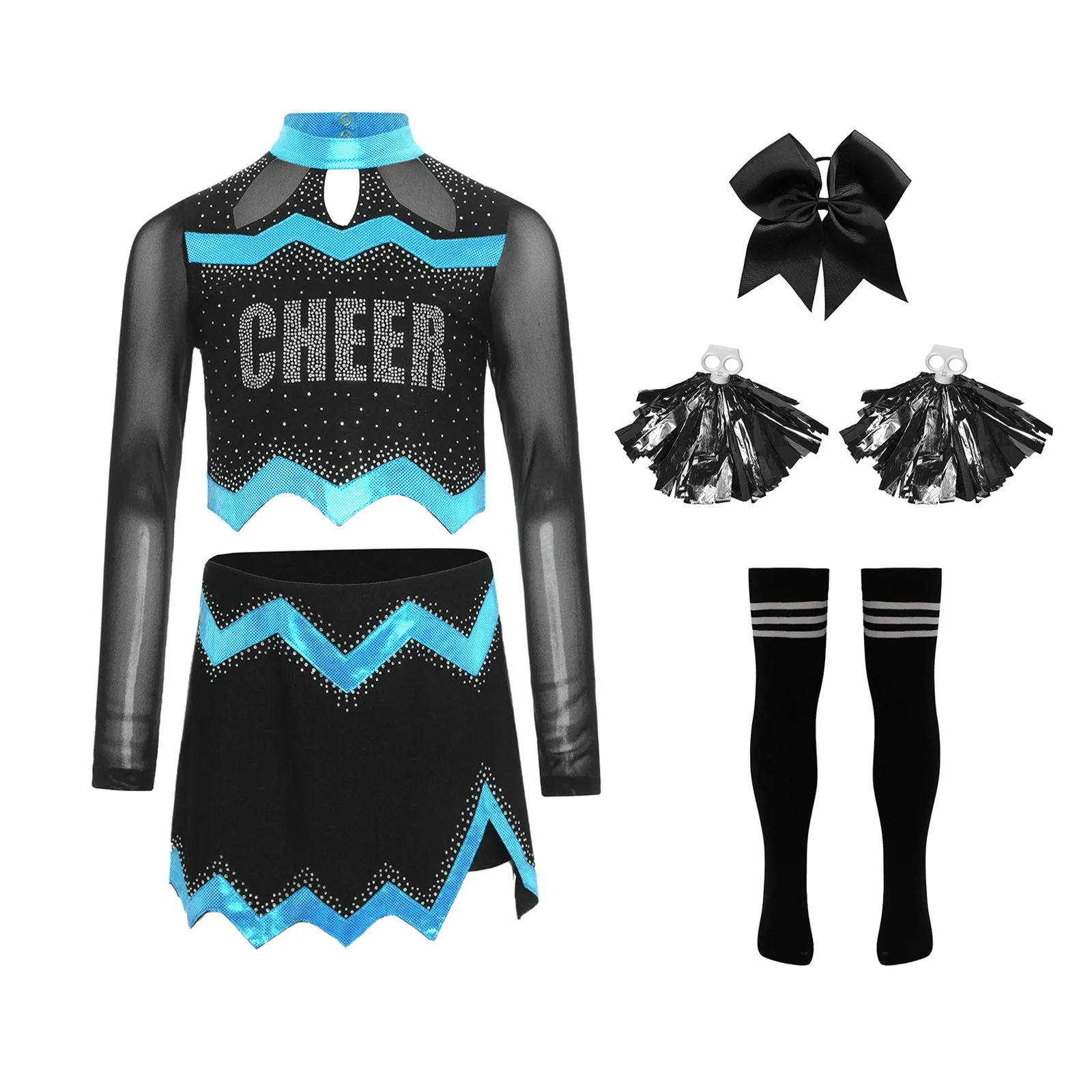 

Cheerleader Dance Performing Costume Long Sleeve Rhinestone Crop Top And Built-in Shorts Dance Skirt Cheer Uniform