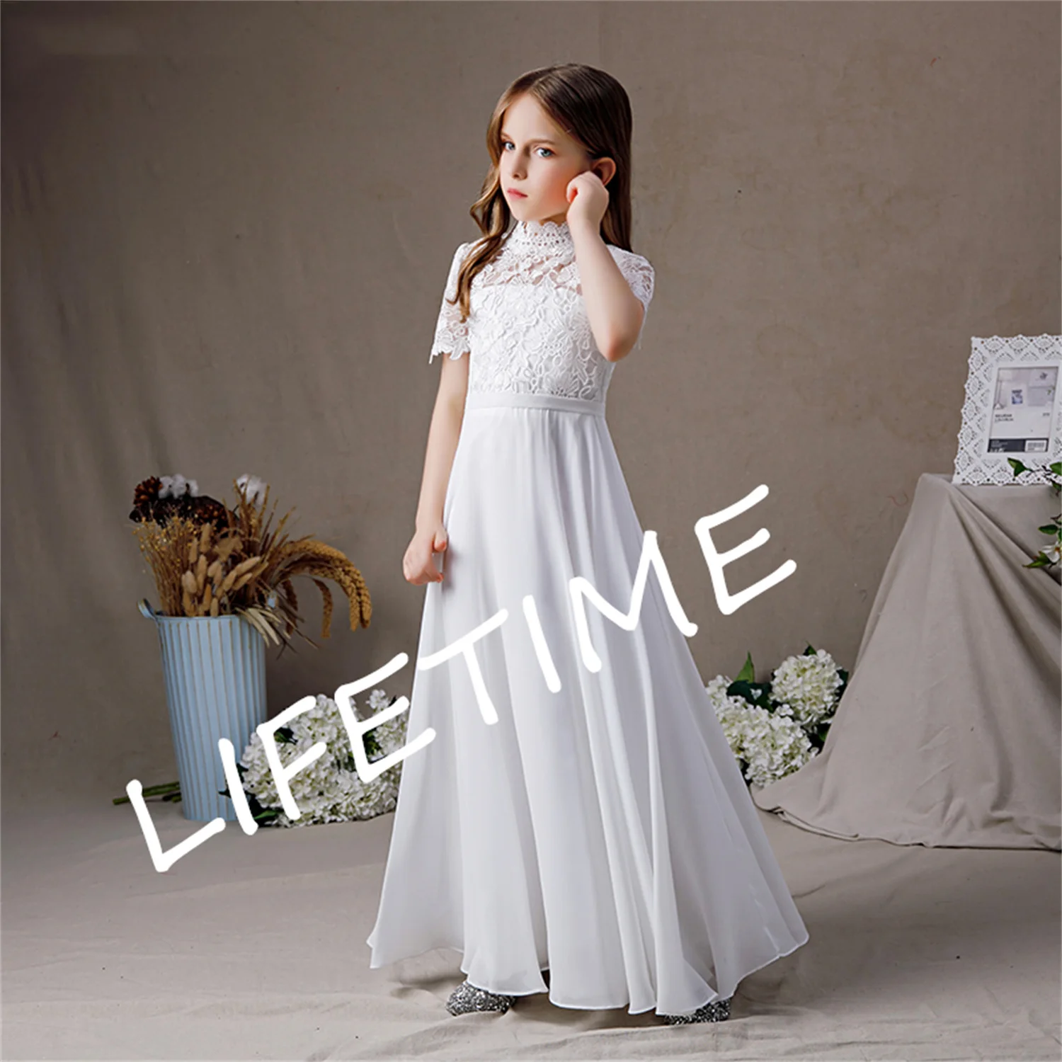 White High Neck Chiffon First Communion Dresses 2023 Lace Short Sleeves Junior Bridesmaid Gown Concert Birthday Party