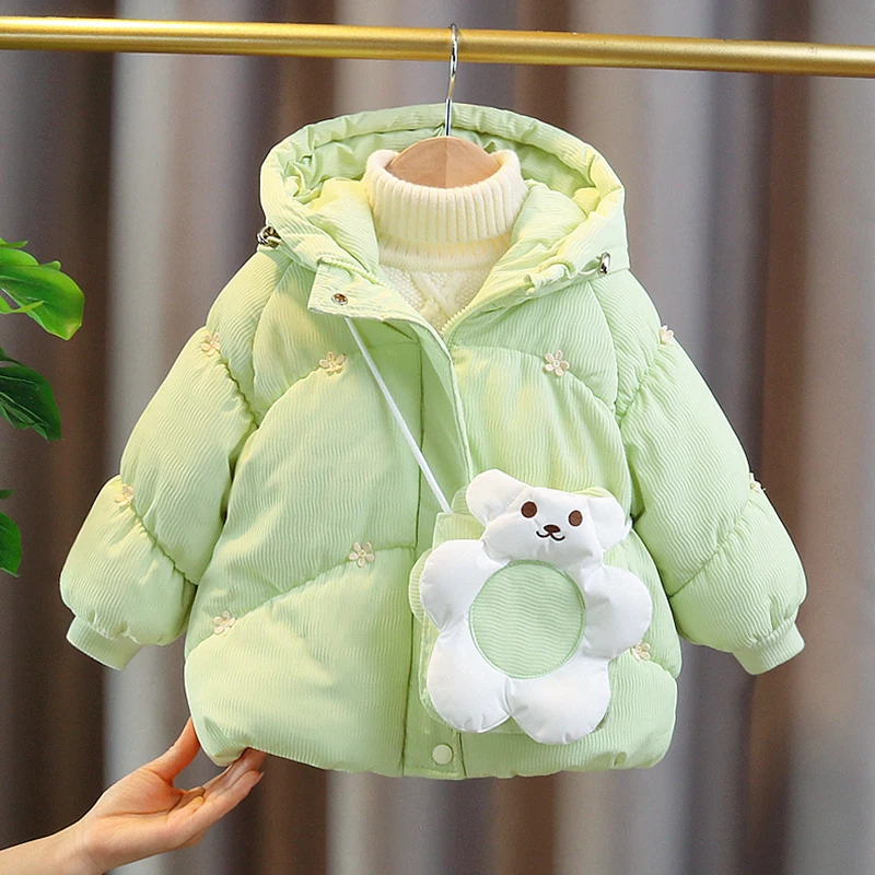 

Green Sweet Bear Cotton Coats for Kids Girls 2023 New Loose Thicken Warm Winter Outerwear Children Fashion Hooded Coat