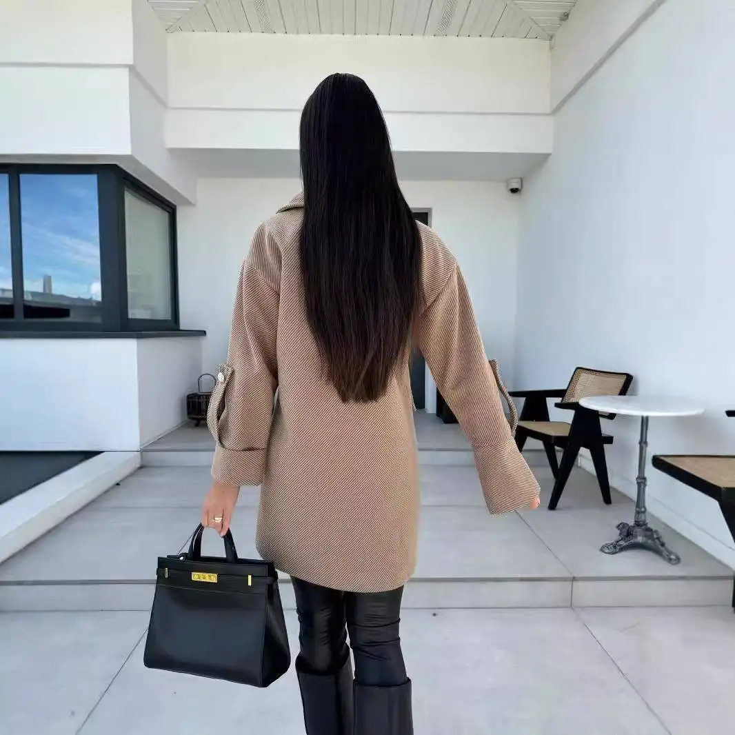 Outono inverno feminino cor pura terno colarinho duplo abotoado casaco de lã longo sve corpo reto pe fibra de poliéster