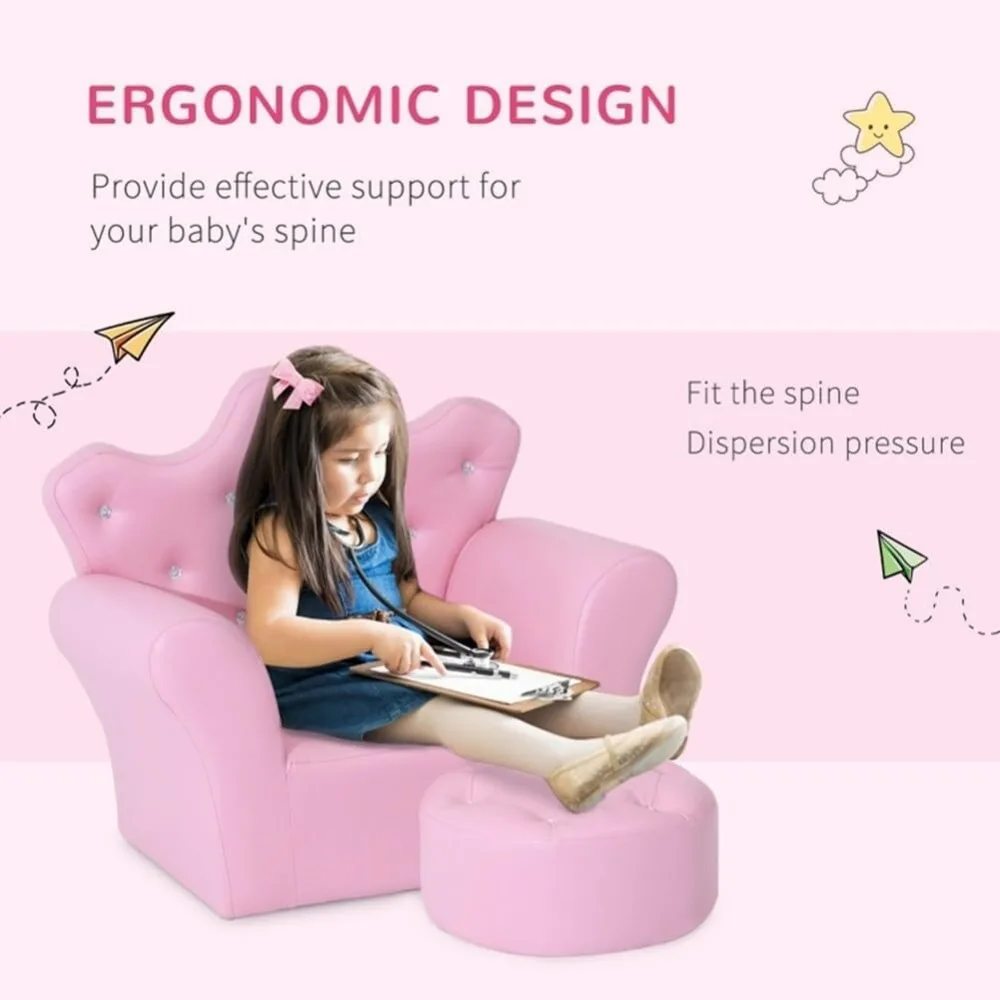 Crown shaped backrest children's sofa with footstool pink modern fairy tale plastic wood veneer