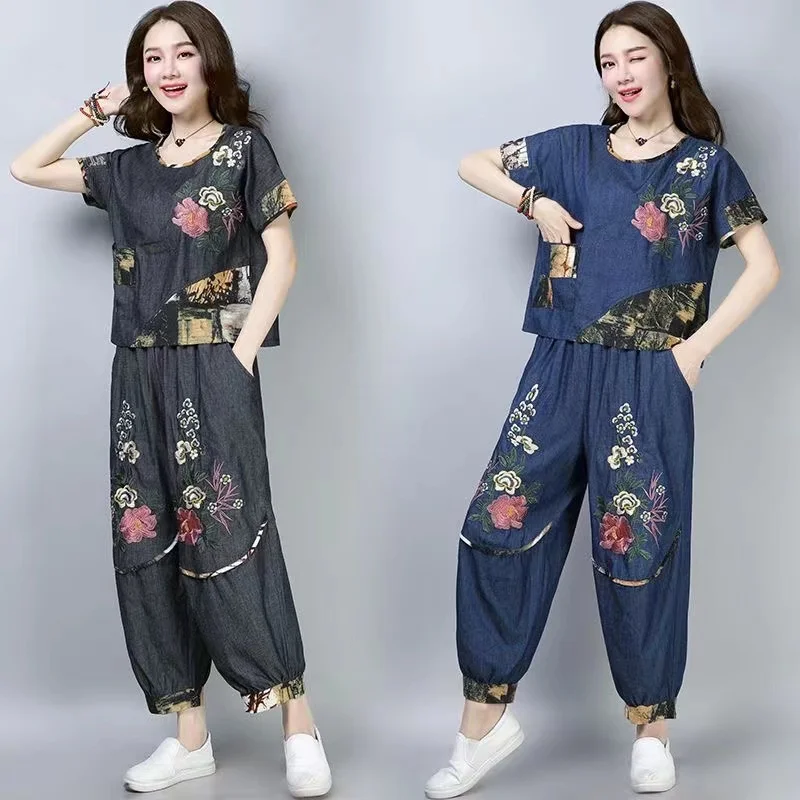 

Set Women Middle-Aged Elderly Folk Wind Large Size Suit Summer New Thin Retro Outfit Embroidered 2PCS Leisure Two-Piece Female