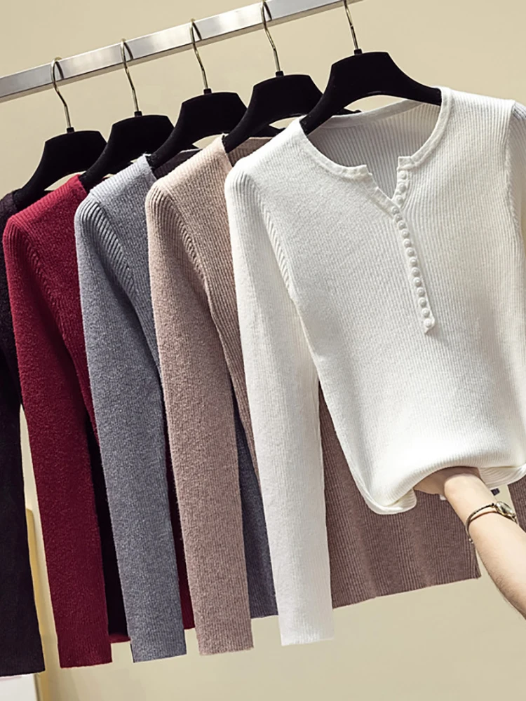 Autumn Winter Button V Neck Sweater Women Basic Solid Slim Pullover Women Sweaters Knitted Pullovers Casual Jumper Ladies Tops