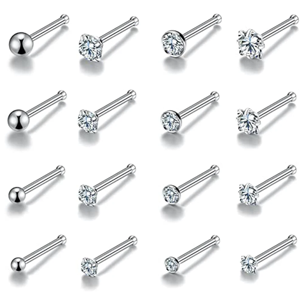 20G 4 Style Stainless Steel Stud Silver Nose Ring CZ L Shape Nose Body Piercing for Womens Mens 1.5/2/2.5/3mm
