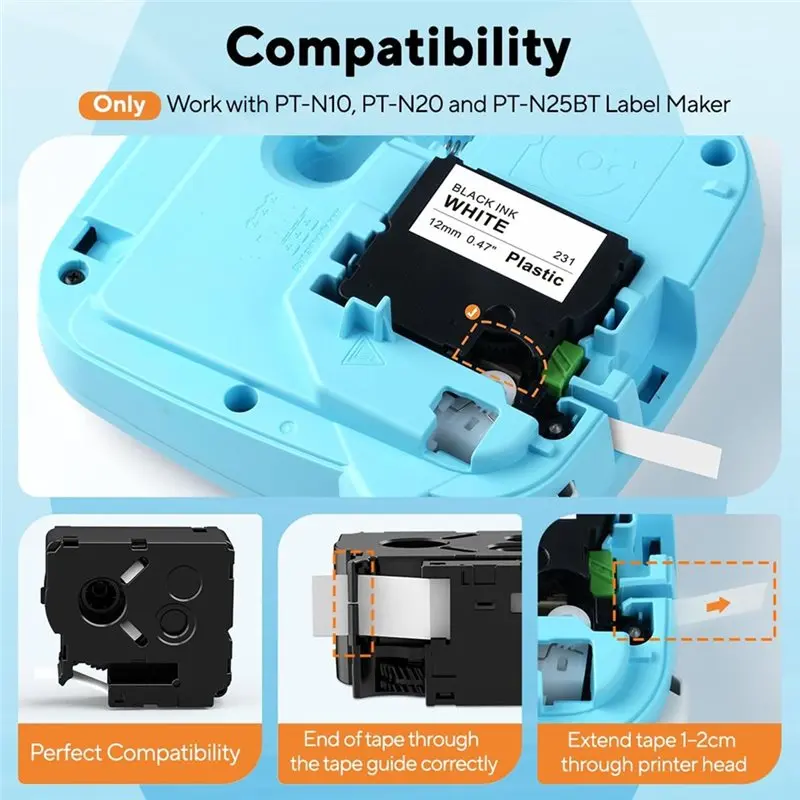 Super Deal -Black On White 12Mm For P Touch PT-N10 PT-N20 PT-N25BT Label Maker Tape 3Pcs For Brother Btag-231 Labeler