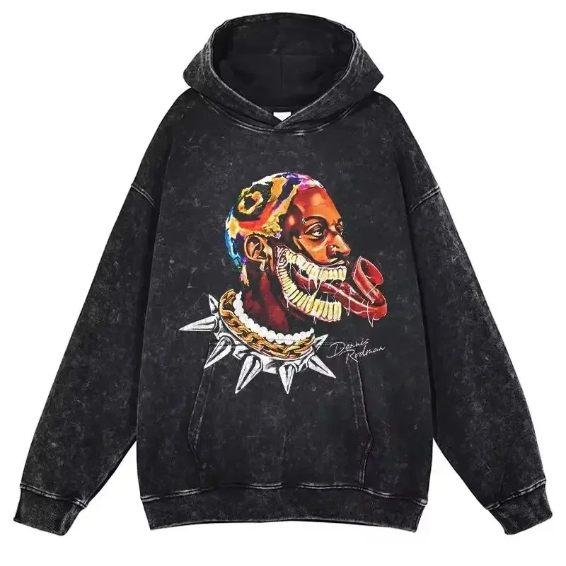 Dennis Rodman Hoodies Anime The Worm Printed Vintage Washed Hooded Sweatshirts Oversized Pullover Harajuku Hip Hop Hoodie Men