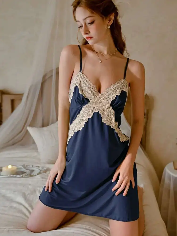 Sexy pur désir Style décontracté robe en dentelle dos nu profond V bretelles robe sans manches élégant charmant belle pour femme 8MT6