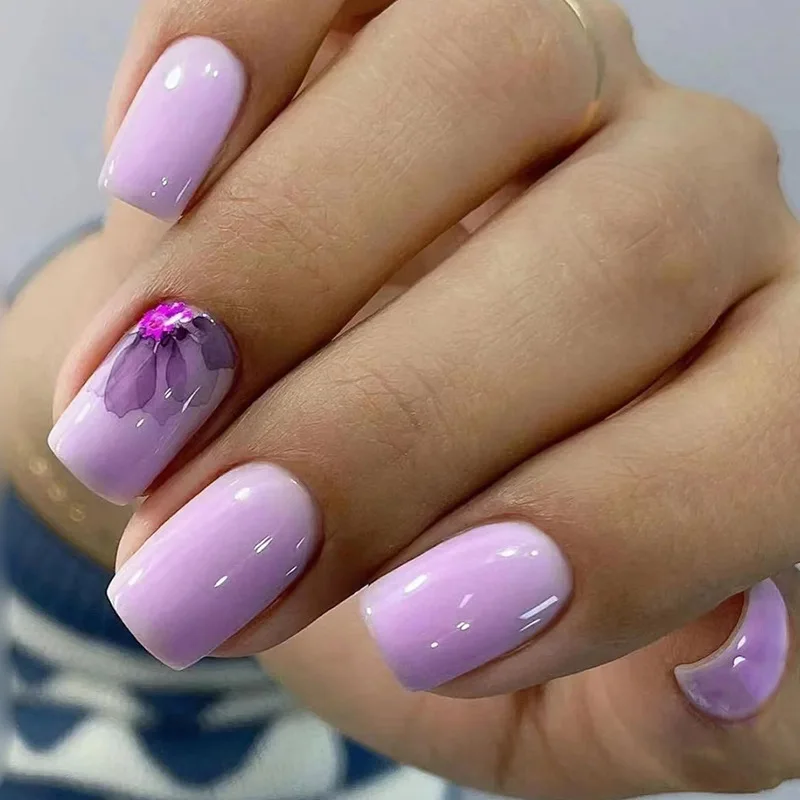 24pcs Short Square French False Nails Purple Flower Gradient Fake Nails Full Cover Fake Nails Detachable Press on Nail Tips