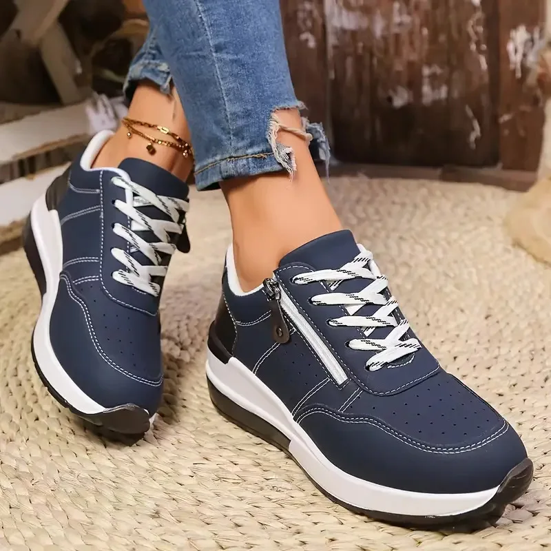 Women Side Zipper Platform Sneakers LaceUp Faux Leather Perforated Casual Walking Shoes Free Shipping Outdoor Daily Shoes