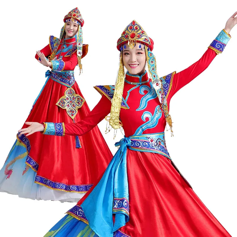 Chinese performance Folk Dance wear Classical long Mongolian Dance clothing ethnic minority dress Stage Costumes for Singers