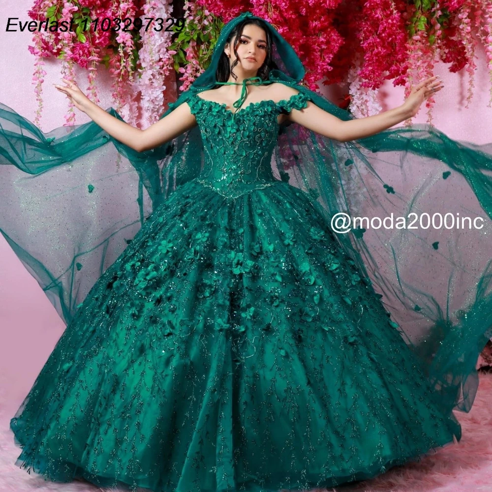 EVLAST Customized Dark Green Quinceanera Dress Ball Gown Shiny Floral Applique Beading Cape Sweet 16 Vestido De 15 Anos TQD956