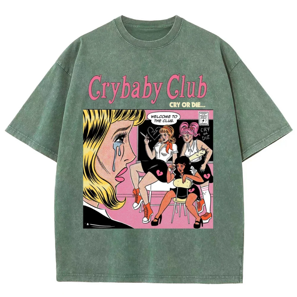 Unisex Crybaby Club Printed Retro Washed Short Sleeved T-Shirt Women Harajuku Casual O-Neck Cotton Tshirt 2024 Streetwear