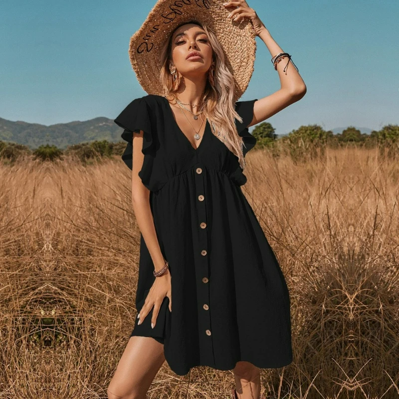 

V-neck Single-breasted Large Swing Casual Versatile Dress 2026 Summer New Fashion Cross-border European American Women's Wear