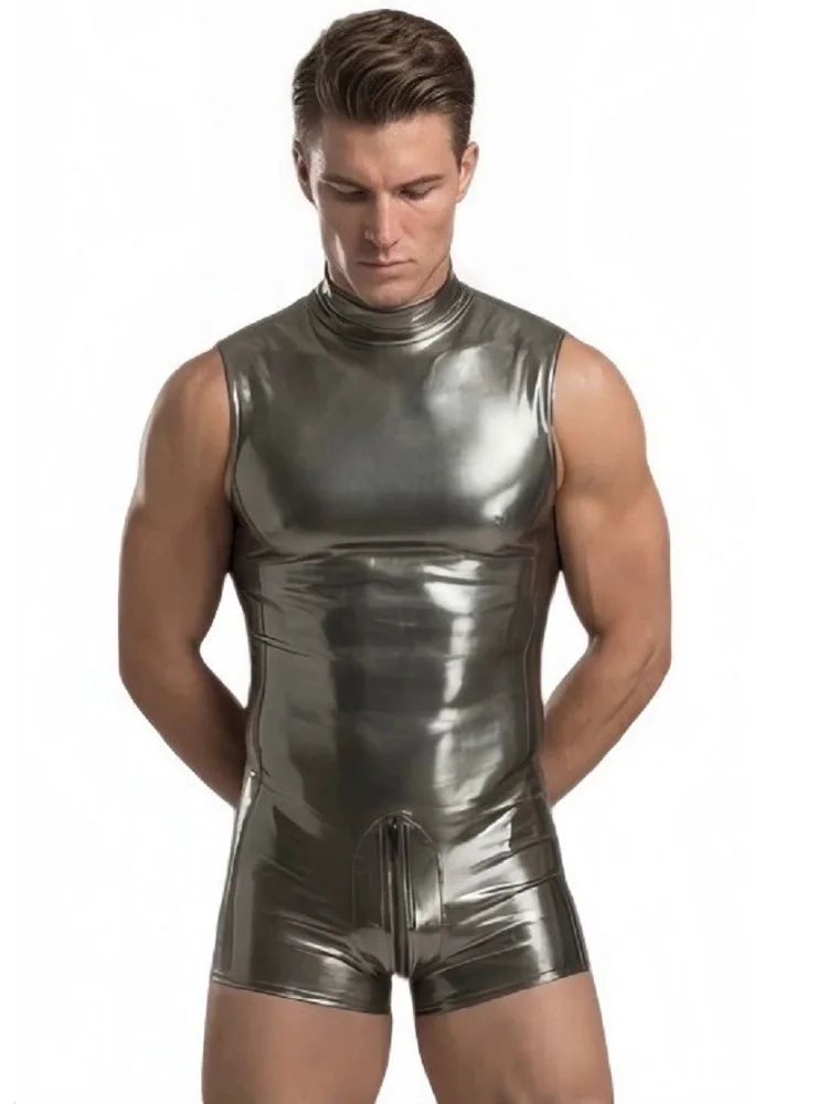 Male High Collar Patent Leather Bodysuit Sleeveless Wet Look PVC Playsuits Shiny Tights Zipper Convex Pouch Club Stage Costume