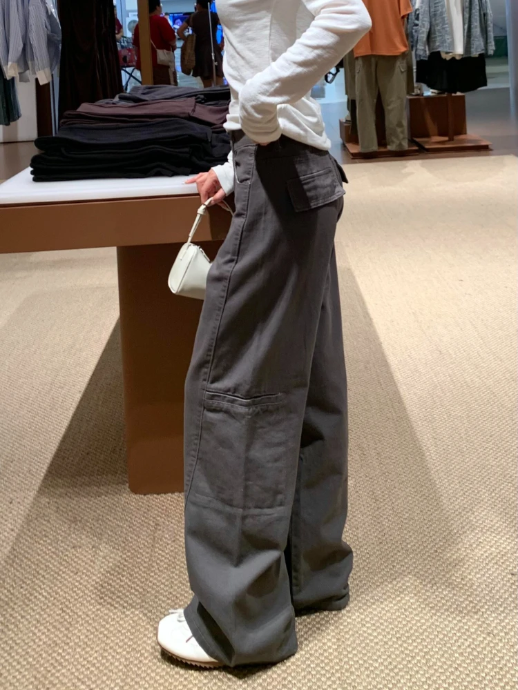 Grey Vintage Women Straight Cargo Pants Autumn Winter High Waist Loose Figure Flattering Draping Wide Leg Floor-length Pants