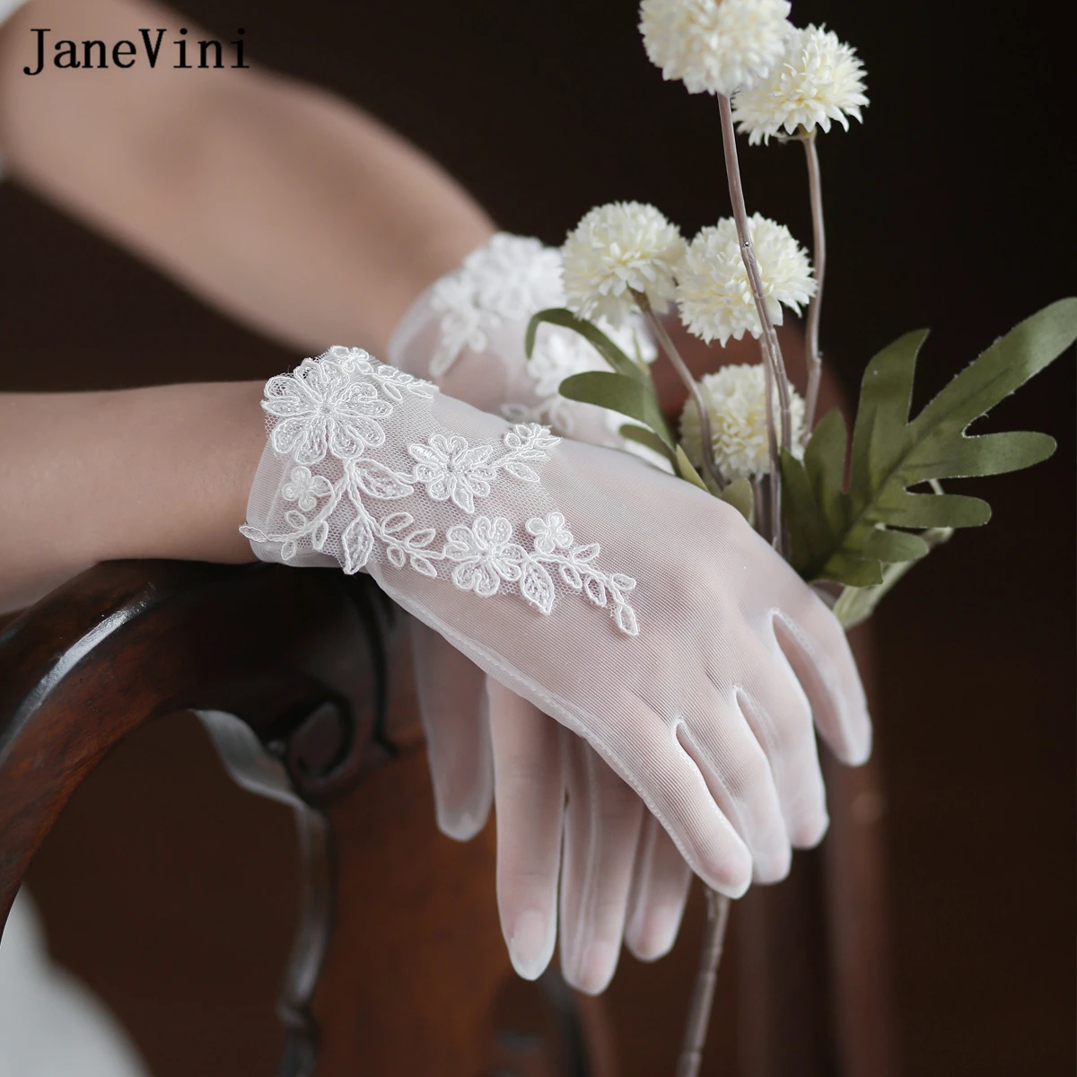 JaneVini 2023 Elegant Korean Ivory Long Bridal Gloves with Lace Appliques Full Finger Tulle 60cm Glove Wedding Dress Accessories