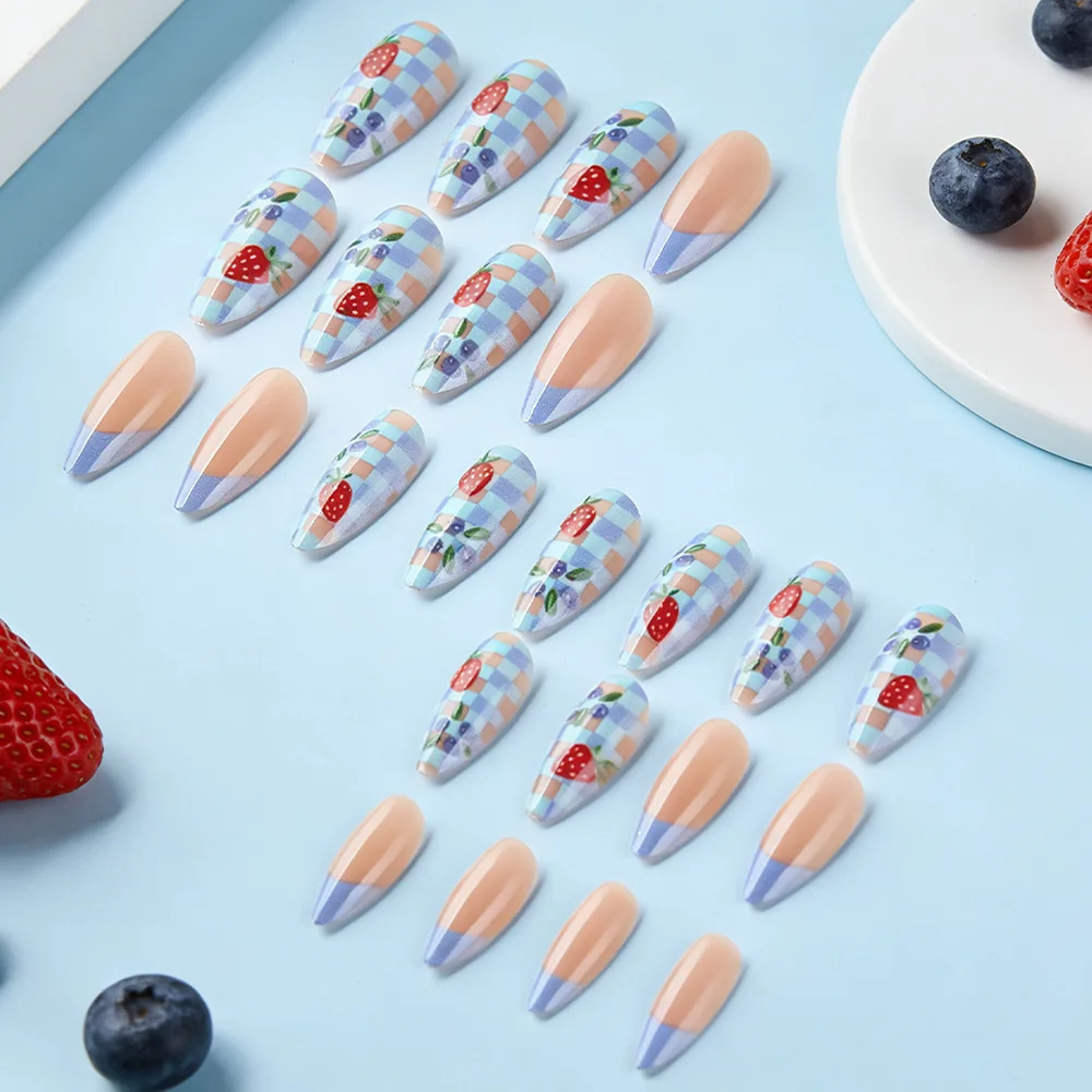 

Blueberry & Strawberry Pattern False Nails French Water Drop Shape Fresh Brightening Nails 24Pcs Detachable New Spring Summer Press On Nails