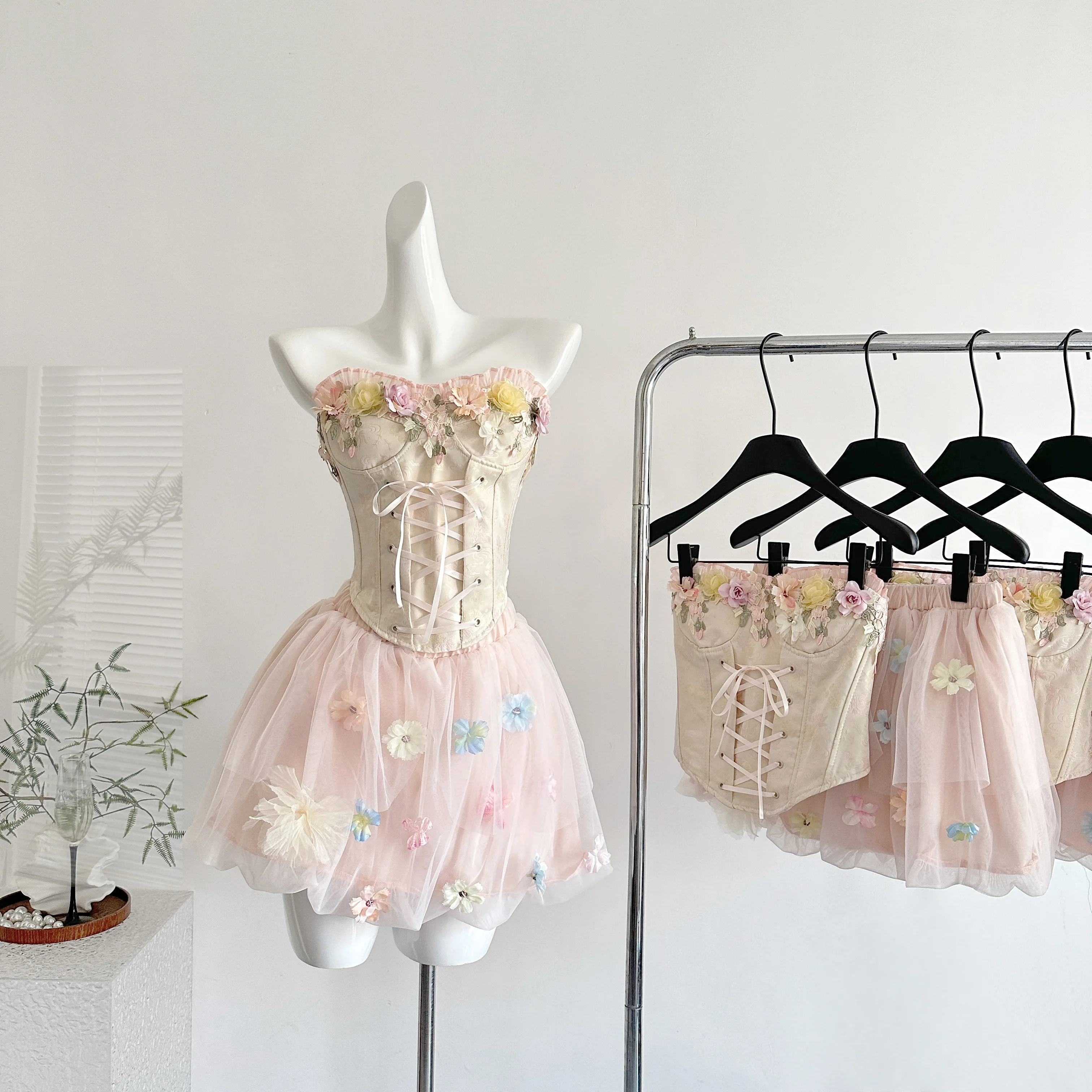 

Summer Blossom Women Tube Top Skirt Set 3D Floral Lace Up Corset Puffy Elastic Waist Tutu Skirt Fairy Summer Clothes