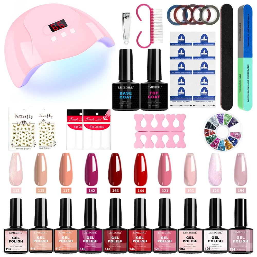 Limegirl Nail Gel Polish Set with UV Lamp 10 Colors Gel Polish Manicure Salon Tools Kit for Nail Art with Base Coat and Top Coat