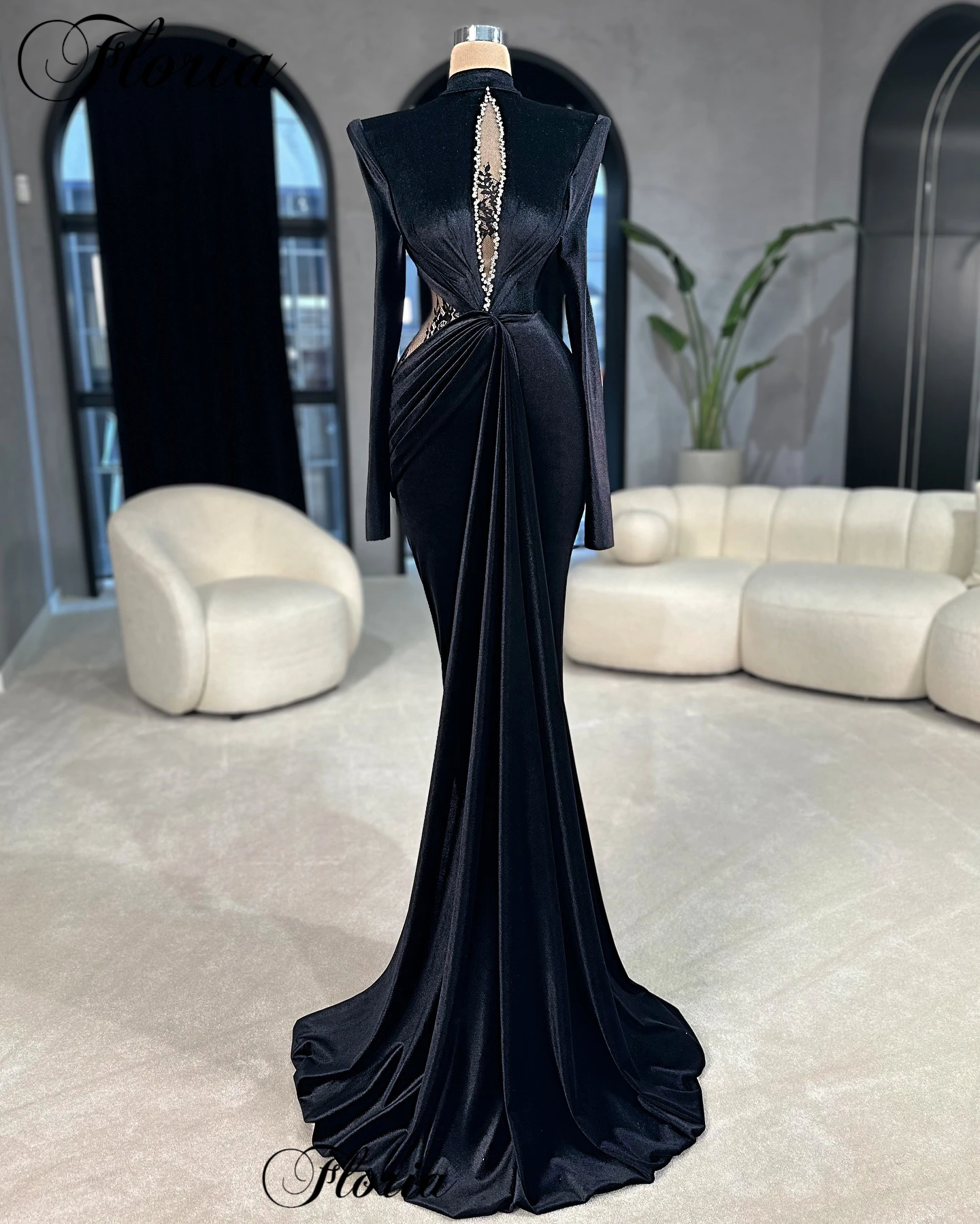 فساتين سهرة رسمية سوداء مخملية حورية البحر بأكمام طويلة فساتين مناسبة خاصة في دبي فساتين لحضور الحفلات الموسيقية رداء De Soirée مخصص