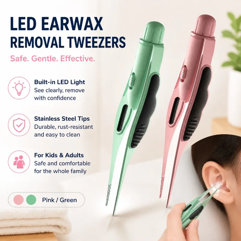 LED Earwax Removal Tweezers with Light, Stainless Steel Ear Pick Tool for Kids and Adults, Pink/Green